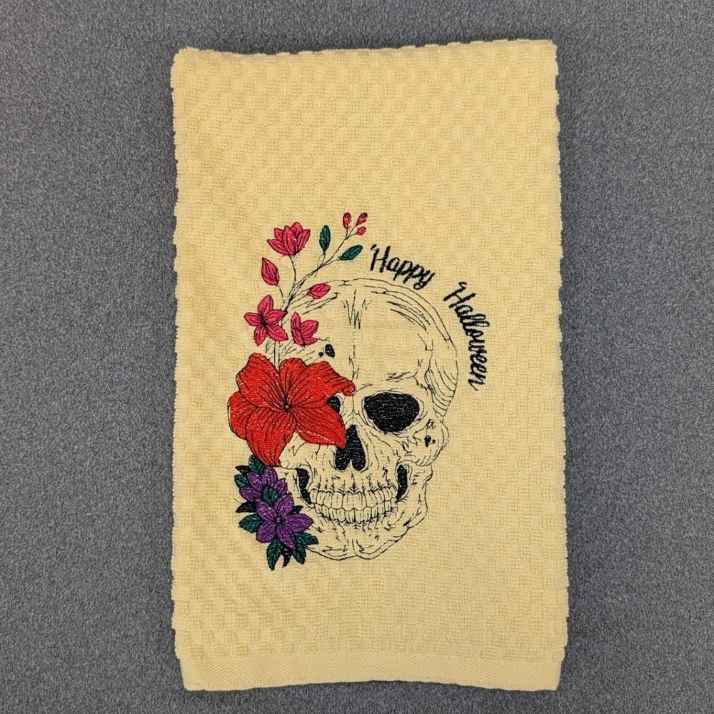 Happy Halloween Skull Flowers Fall Season Kitchen Bath Bar Tea Hand Towel